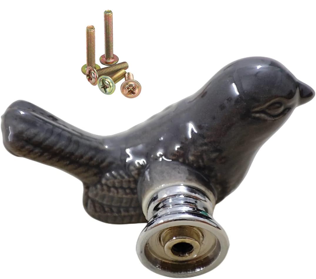 Wannianmu 4Pack Grey Cute Bird Design Cabinet Door Knobs, Ceramic Drawer Knobs with Mounting Screws, Vintage Cupboard Pull Handle