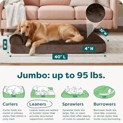 Image of FurHaven Orthopedic Dog Bed for Large Dogs, L-Shaped Chaise Mattress, Egg Crate with a Solid Orthopedic Foam Base for Joint Support, Removable Washable Cover, Jumbo XL, Plush & Velvet, Sable Brown