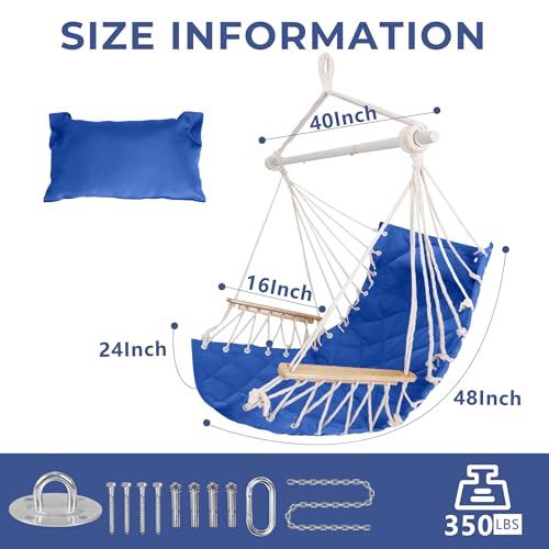 Image of Hammock Chair Hanging Swing with Wooden Armrest;Steel Spreader Bar,Pillows,Hardware kit Included;Cotton Woven;Up to 350 Lbs,for Indoor Outdoor Blue