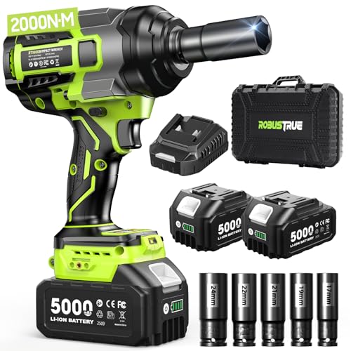 Image of Robustrue Cordless Impact Wrench,1475Ft-lbs (2000N.m) 1/2 High Torque Brushless Impact Gun, 18V Power Impact Driver, 2 * 5000mAh Battery,5 Sockets, Brushless Variable Speeds for Car/Truck RV/Mower