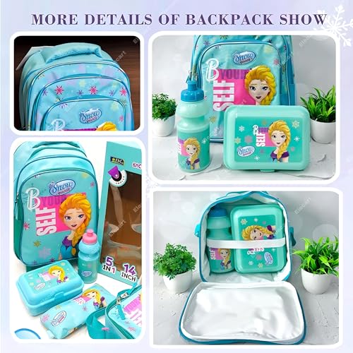 Image of Combo Set for Girls - 5 in 1 Back to School Hamper with Backpack, Lunch Bag, Tiffin Box, Water Bottle & Pencil Pouch - Complete School Essentials Gift Set for Kids (Blue Bag)