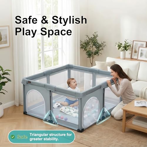 Image of Foldable Baby Playpen,59x71 Inches Portable Playpen,Collapsible Play Pen for Babies and Toddlers,Indoor & Outdoor Baby Fence Play Area,Cold Gray