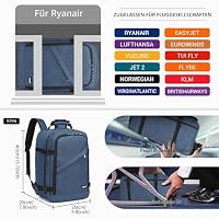 KONO Kabinentasche 40 x 20 x 25 cm für Ryanair Untersitz Reise Handgepäckrucksack Kabinengröße 20L, Navy – Ansicht 2