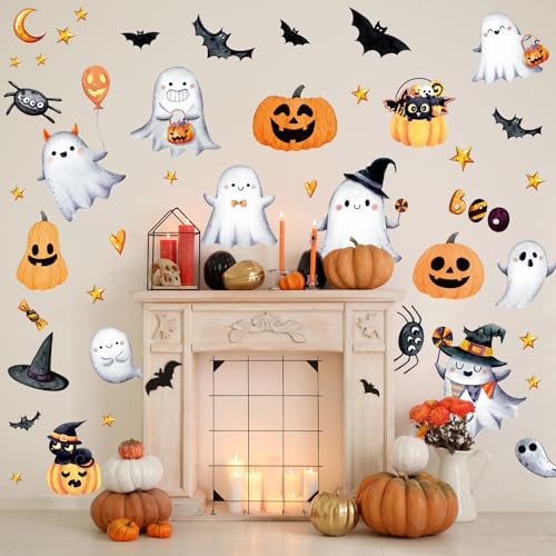 Whaline 9 Sheets Halloween Cartoon Wall Stickers Cute Ghost Boo Pumpkin PVC Room Mural Decals Watercolor Self-Adhesive Wall Decoration for Home Party Classroom Office