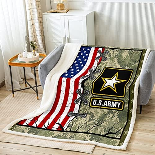 Erosebridal American Flag Blanket for Adult Boys Army Green Camo Bed Plush Blanket Kids Men Vintage USA Flag Throw Blanket Youth Girls Retro Military Camouflage Grunge Stripes Fuzzy Blanket, 50"x60"