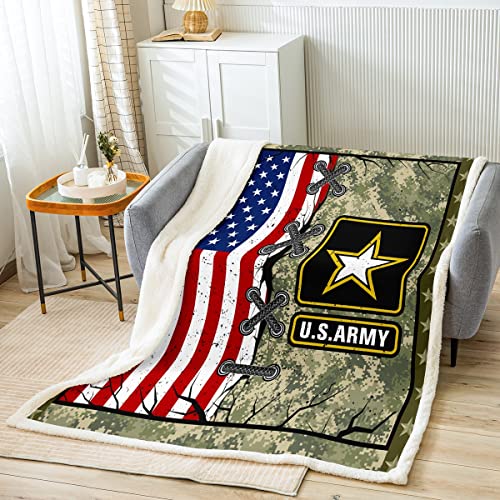 Erosebridal American Flag Blanket for Adult Boys Army Green Camo Bed Plush Blanket Kids Men Vintage USA Flag Throw Blanket Youth Girls Retro Military Camouflage Grunge Stripes Fuzzy Blanket,