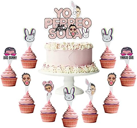 Bunny Party Decorations?Yo Perreo Sola Party Supplies?1 Pcs Cake Topper,25 Pcs Cupcake Topper for Kids and Adults Birthday Party Decorations