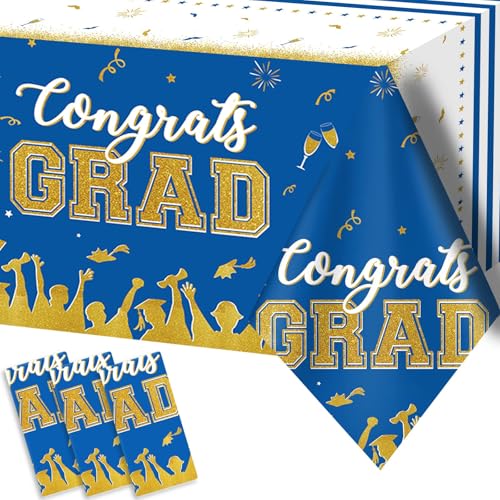 Image of chiazllta Set of 3 Graduation Tablecloths Class of 2026 Congrats Grad Blue Graduation Party Tablecover Decorations Party Supplies Large Size Plastic 54 inchx108 inch(Blue & Gold)