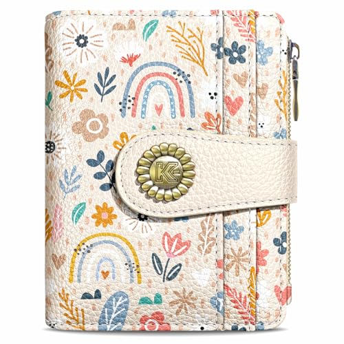 Image of Kelvoris Rainbow Flower Floral Small Rfid Women Wallet Zipper Coin Pocket | Bifold PU Leather Compact Cash Credit Card Holder Travel Purse for Female Ladies Teen Girls 1 ID Window 10 Card Slots