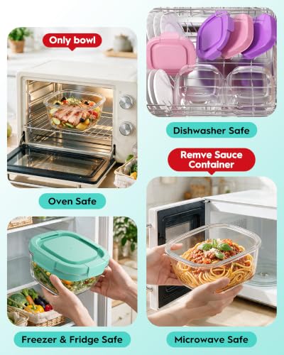 Image of Glass Salad Container,56oz Salad Bowl To Go for Lunch with Airtight Lid,Leak-Proof Sauce Container,4-Compartment Bento Tray & Reusable Fork - BPA-Free Glass Lunch Box for Meal Prep,Office(Green)