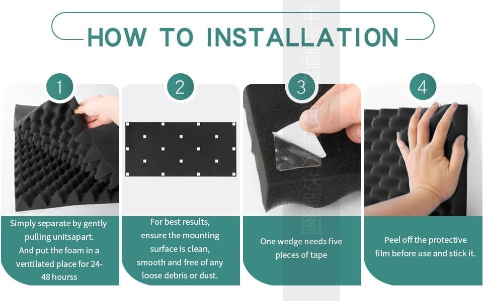 Miniatura 8 de Paquete de 4 paneles acústicos, paneles de pared de espuma insonorizados de 48 x 24 x 2 pulgadas, paneles de espuma de estudio de alta densidad con
