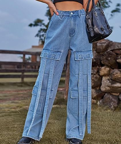 xxxiticat Women's Cargo Jean Pants Casual High Waist Long Ribbon Multi Pockets Wide Leg Baggy Denim Trousers with Pockets3