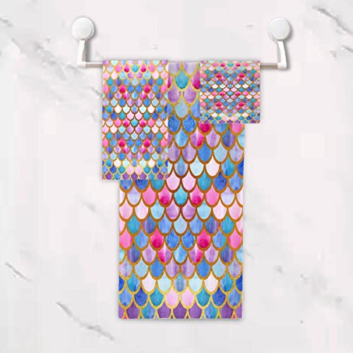 Arnovic Mermaid Fish Scale Towel Bathroom Sets, 3-Piece Premium Towel Set With 1 Bath Towel 1 Hand Towel And 1 Washcloth #TOP5