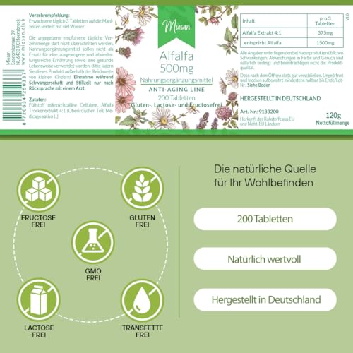 Alfalfa 500mg - ANTI-AGING LINE - 200 Tabletten - Medicago sativa L. - Hochdosiert - 100% Vegan – Herstellung & Laborprüfung in Deutschland | MIOSAN® CLUB - Exklusives Wohlbefinden