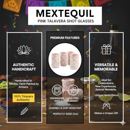 Image of Talavera Shot Glasses Set of 4 Authentic Mexican Tequila Shot Glasses - Hand-painted - 2 Oz (Pink Brushstroke White Background)