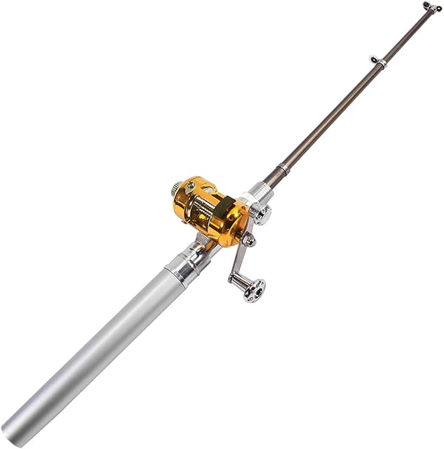 DIGIFLEX Mini Pocket Fishing Rod Pole & Golden Reel Pen - Silver