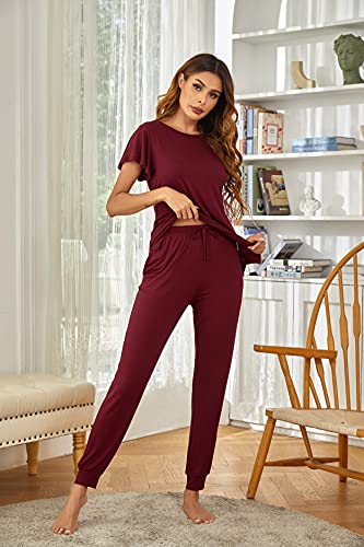 Ekouaer Womens Lounge Pants Set Soft Pajama Short Sleeve 2 Piece Jogger Lounge Sets Wine Red M #TOP1