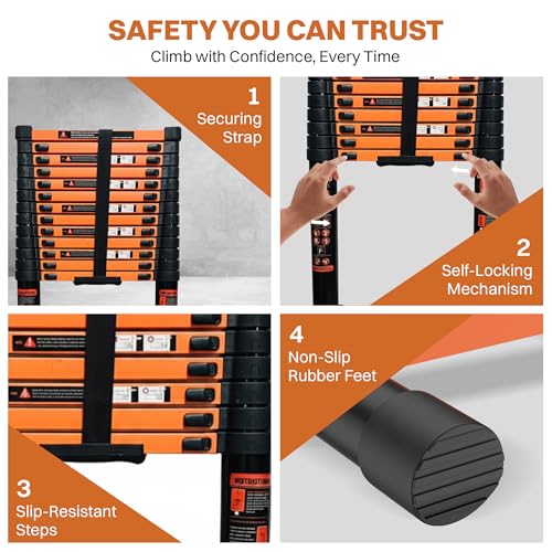 Image of BonKaso Telescopic Ladder 5.5m (18 Ft), 14 Steps | Heavy-Duty Foldable Alloy Steel Ladder with Anti-Slip Steps, 150kg Load Capacity, Rustproof, EN131 Certified | Matt Black & Orange
