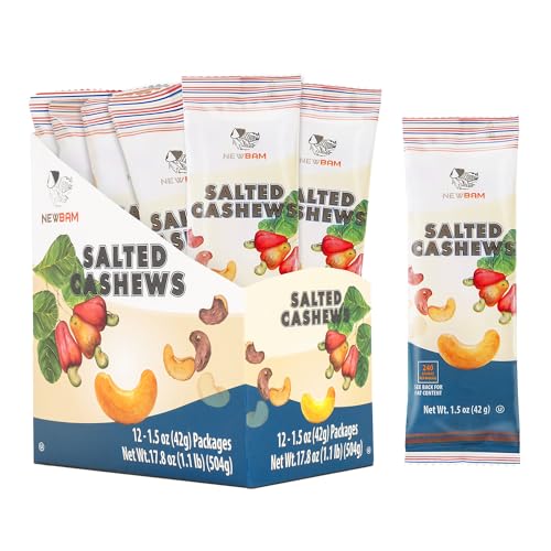Image of NEWBAM Lightly Salted Cashews - 12 Individual Packs - Vegan, Keto-Friendly | Just two ingredients: cashews & sea salt. Gluten-Free, Zero Sugar. 9g net carbs. From Binh Phuoc, Vietnam.