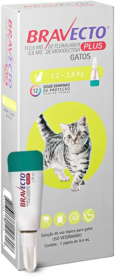 Bravecto® Plus Gatos Transdermal112,5mg - Antipulgas, Sarna de ouvido, Vermes intestinais - Gatos de 1,2 a 2,8kg - 1 Pipeta 0,4ml - MSD Saúde Animal