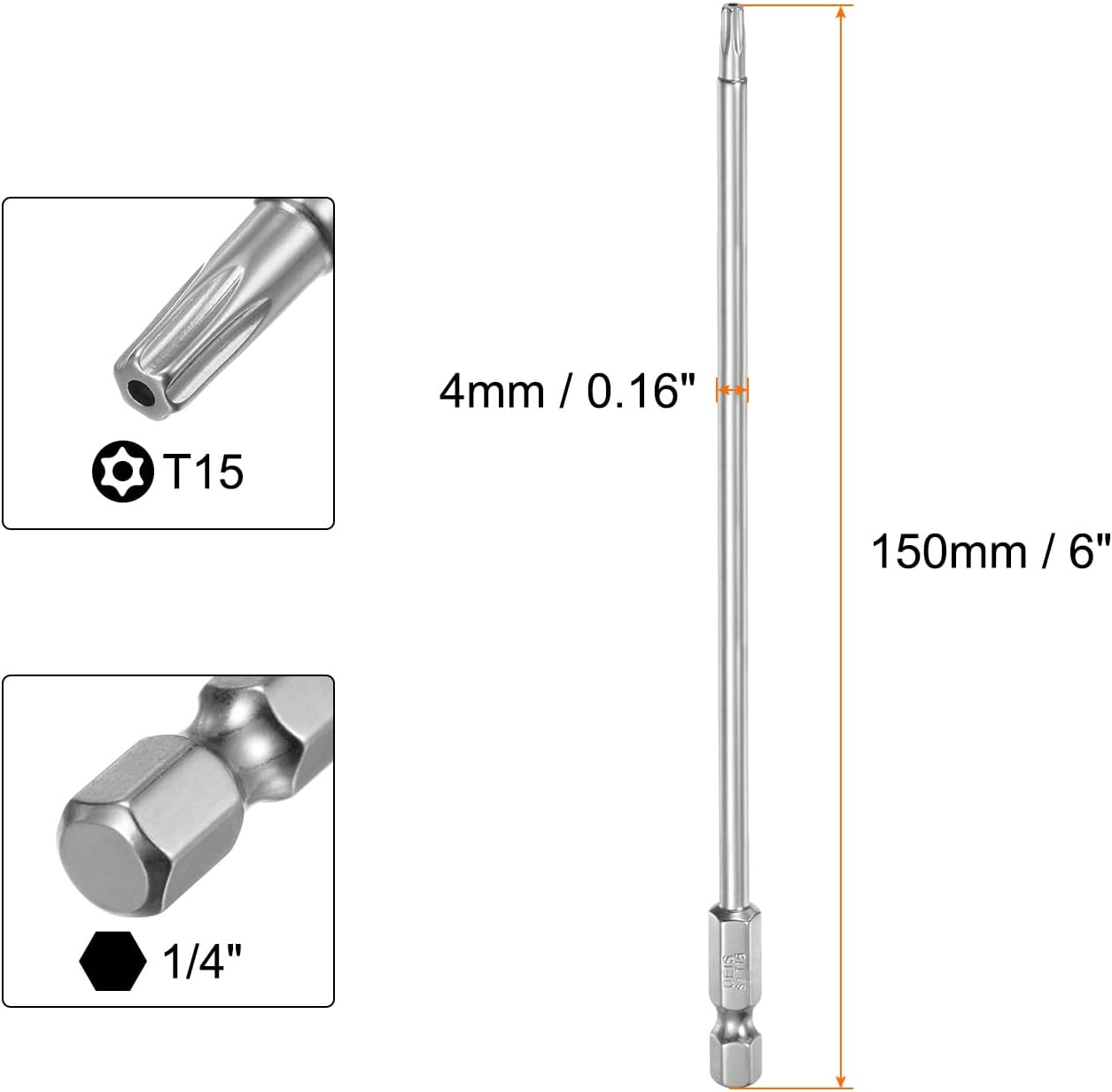 HARFINGTON 5pcs T15 Security Torx Bit 1/4" Hex Shank 6" Long S2 Steel Magnetic Tamper Resistant Star Bits Screwdriver Torx Head with Hole for Driver Drill Bits Remove Fastening Screws