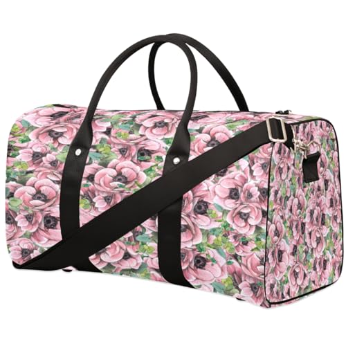 Pink Flower Travel Duffel Bag, Vintage Floral Sports Tote Gym Bag, Foldable Weekender Overnight Bag, Luggage Handle Bag for Women Men