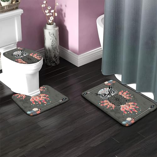 Badezimmerteppich Set Traumfänger und Eule Badgarnitur 3 Teilig Mikrofaser Badematten Set rutschfest U FöRmige Duschvorleger Super weich, Schnell Trocknend WC-Garnitur Teppich – Bild 5