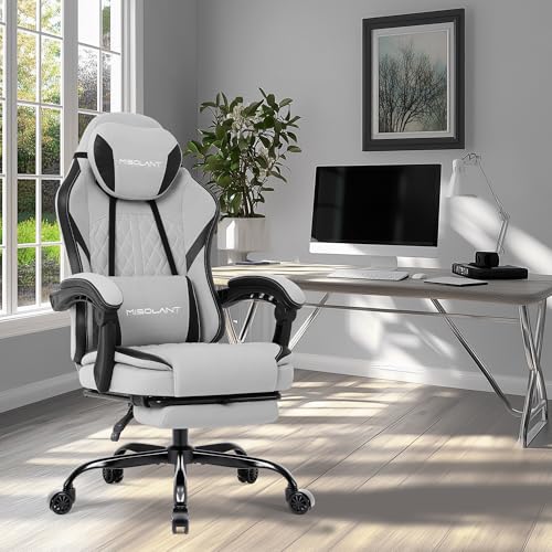 Image of Misolant Gaming Chair, Fabric Gamer Chair with footrest for Adults, High Back Ergonomic Computer Game Chair with Adjustable Headrest and Massage Lumbar Support, 90-155 Recline Free, Gray