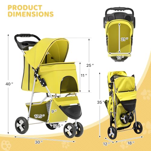 Image of Magshion 3-Wheel Pet Stroller, Foldable Travel Jogger for Small & Medium Dogs & Cats (Up to 33lbs), Lightweight Carrier with Breathable Mesh Cover, Cup Holder & Storage Basket, Yellow