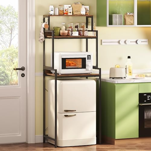 Espelism 3-Tier Mini Fridge Stand Kitchen Bakers Rack with Adjustable Shelves, Freestanding Microwave Stand with Storage, Split Design Coffee Bar Shelf for Home Office Dorm (Rustic Brown, 25.6')