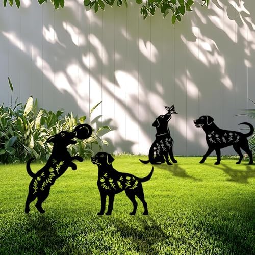 4 Pack Dog Metal Garden Decorative Stakes, Weather Proof Puppy Silhouette Statues for Yard, Patio,Outdoor Decor for Dog Lovers and Pet Owners