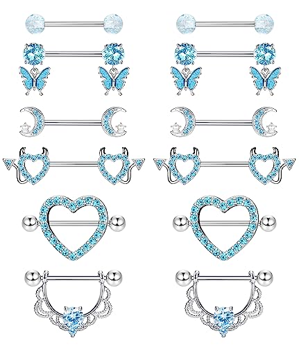 CASSIECA 6 Paar 14G Nippelpiercing Chirurgenstahl Blau Brustwarzenpiercing Zungenpiercing Edelstahl Nippel Piercing Schmetterling Herz Barbell Piercing Körperschmuck Set für Frauen Mädchen