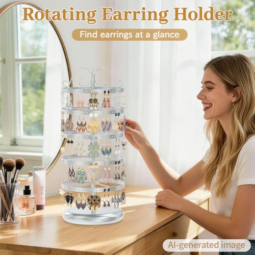 Image of Modowey Rotating Earring Holder Organizer Stand, 5 Tier Metal Tree Display for Women Vendors, 220 Hole Adjustable Jewelry rack for Stud Hoop Dangle Storage, Trendy Carousel Keeps Dresser Neat, Silvery