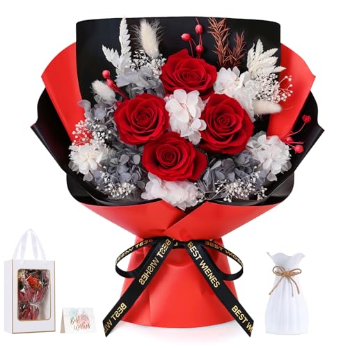 Lewondr Ramo de Flores Conservadas con Jarrón – 4 Rosas y Flores Reales, Ramo Rosas Eternas de Larga Duración, Regalo Eterno para Madre, Esposa, San Valentín Aniversario o Cumpleaños, Rojo