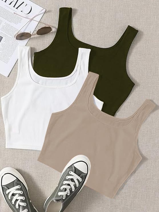 Image of Toochki Women's Knitted Sleeveless Solid Sqaure Neck Ribbed Tank & Crop Tops (Pack of 3)