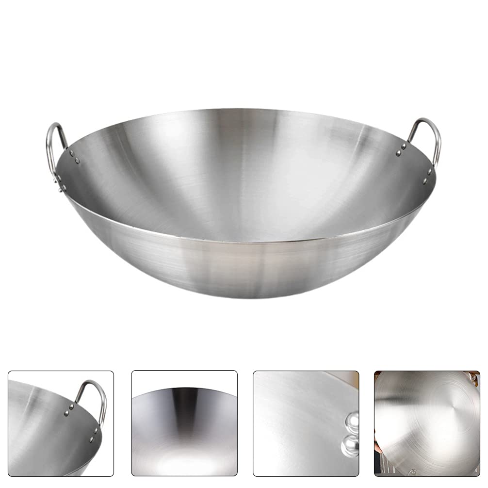 DOITOOL Grillpfanne mit Antihaftbeschichtung, Wokpfanne mit zwei Ohren, tiefe Edelstahl-Bratpfanne, Metall, japanische Rührpfanne, Peking Wok, Küchenhelfer, silberfarben, 32 cm Wokpfanne