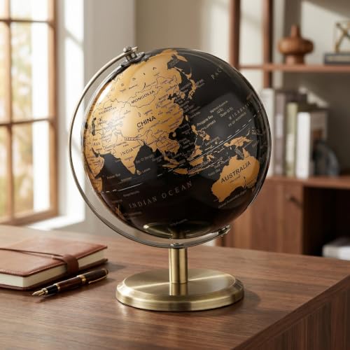Image of Housoutil 6 Inch Small World Globe, Black Gold Desktop Globe with Antique Bronze Stand, Vintage Metal Geography Map, Elegant Home Office Room Decor, Smooth Rotating Desktop for Home Office Classroom