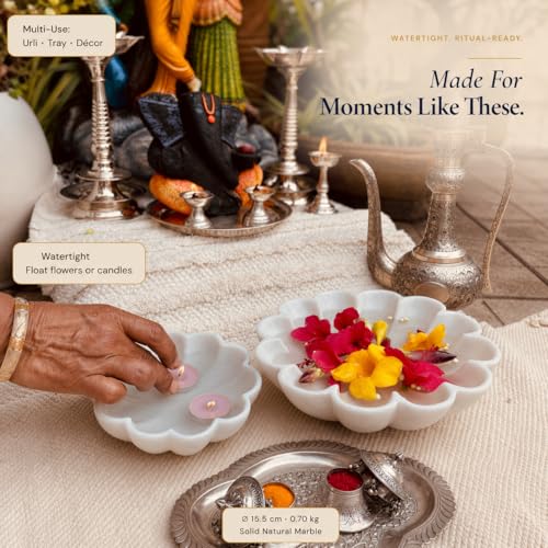 Image of Marble Urli Bowl for Home Decor | Handcrafted Floating Bowl, Decorative Centerpiece for Living Room Table, Luxury Stone Urli Dish, Pooja Decor & Festive Gift Item (Scalloped /6 Inch)