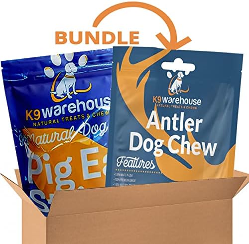 K9warehouse Bundle – Thick Cut Pig Ear Strips (16 Ounces) and Whole Medium Elk Antler for Dogs (5-7”) – All Natural, Long Lasting, Digestible Dog Treats for Small, Medium and Large Aggressive Chewers