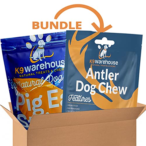 K9Warehouse Bundle – Pig Ear Strips And Whole Large Elk Antler For Dogs (6-9”) – All Natural, Long Lasting, Digestible Dog Treats For Small, Medium And Large Aggressive Chewers #TOP13