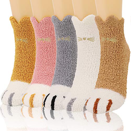QKURT 5 paires de Chaussettes Moelleuses de patte de chat, Chaussettes floues hiver épais...