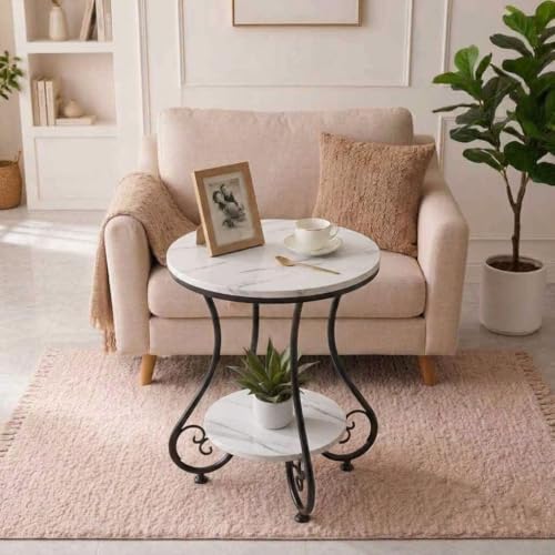 Image of CARTADEN 2 Tier End Table in Living Room, Industrial Style Round Bedside Table with Storage, Small Outdoor Coffee Table for Bedroom Balcony Patio Black White