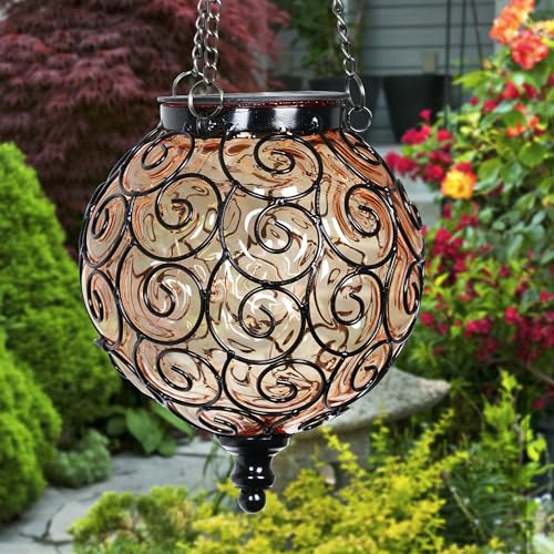 Exhart Outdoor Garden Solar Lights, Round Glass and Metal Hanging...