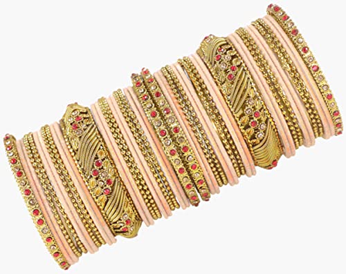 Image of NMII Metal with Zircon Gemstone and Beads Studded Ball Chain Linked Glossy Finished Velvet Bangles Chuda set for Women and Girls
