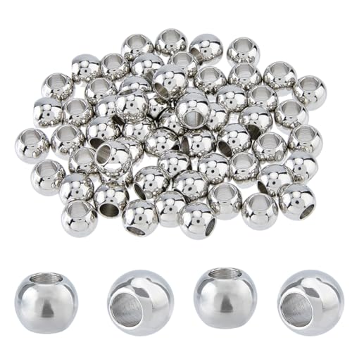 DICOSMETIC 60 Pièces Perles Rondes en Acier Inoxydable - Grand Trou de 10x8 mm - Perles Européennes pour la Fabrication de Bijoux - Trou: 5mm