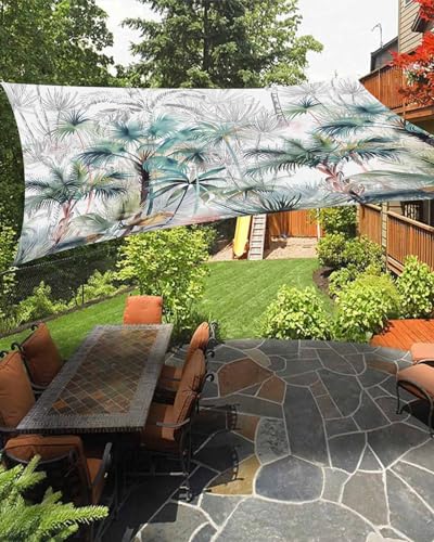 Teal Green Palm Tree Sun Sail Shades Rectangle Canopy,Sunlight Block Heavy Duty Curved Backyard Shade Cover,Waterproof Sun Shades for Patios Outdoor,6.5'x10' Summer Tropical Coconut Plant Modern White