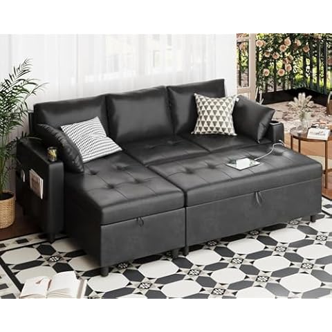 Esright Sleeper Sofa Bed Couch with Pullout Sofa Bed, Faux Leather Sectional Sleeper Sofa Pull Out Couch Bed with Storage USB & Cup Holders, Convertible Sofa Bed Couches for Living Room, Black Cover