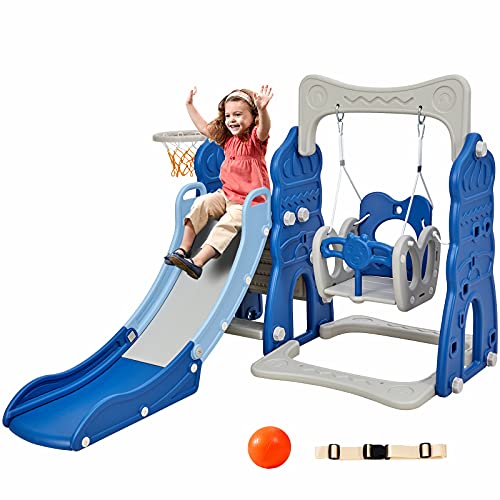 Albott 4 in 1 Slide and Swing Set with Safety Belt, Kids Play Climber Slide Playset with Basketball Hoop Extra Long Slide Easy Set Up Baby Playset for Indoor(Blue)