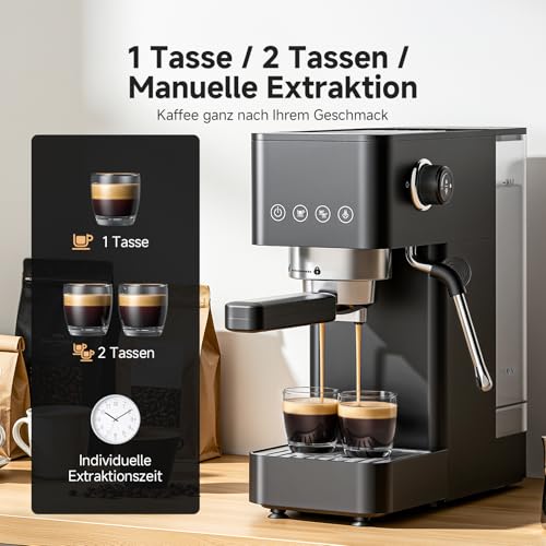 AMZCHEF Siebträgermaschine 20 Bar, Espressomaschine Klein, 1350W, Schwarz – Ansicht 4