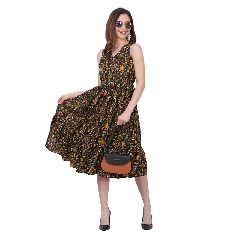 Image of Women's Crepe A-Line Knee Length Dress | Western Sleeveless Dress for Girls | Flared Frock | Frill Midi | Knee Gown